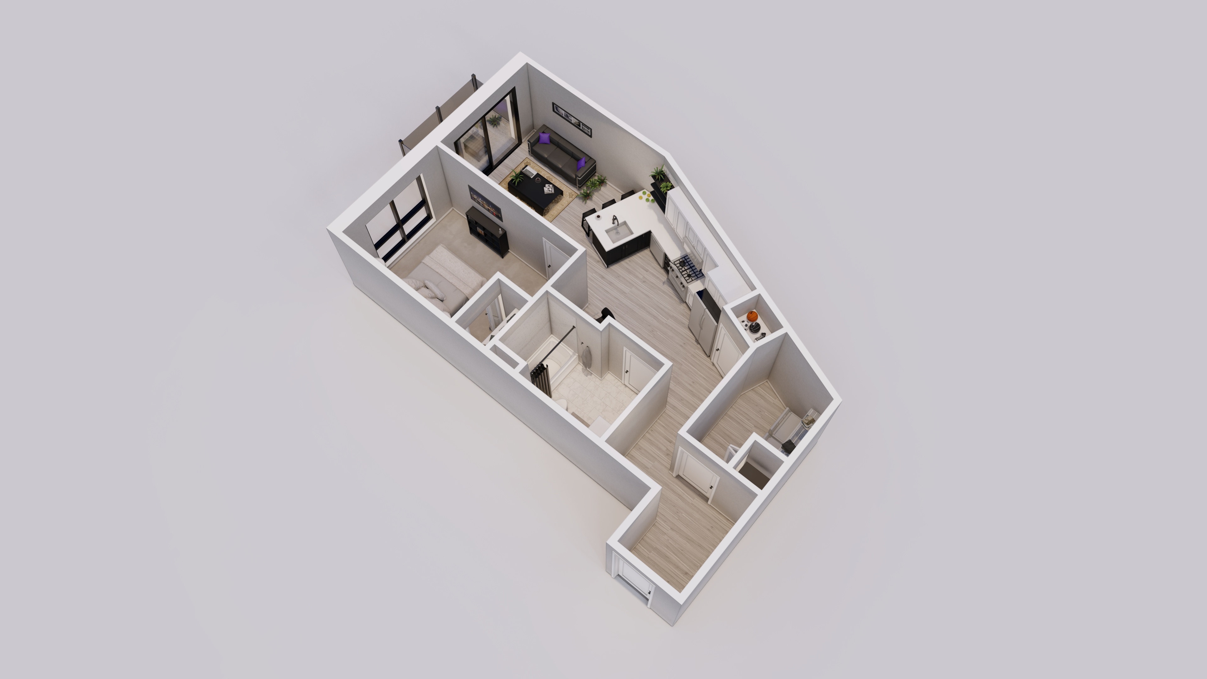 Floor plan for 1 bed, 1 bath, 707 sqft